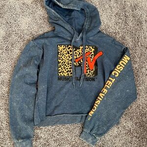 MTV blue cropped hoodie with leopard print